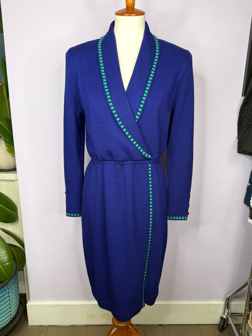 Vintage St. John by Marie Gray Blue with Green Details Faux Wrap Knit Dress